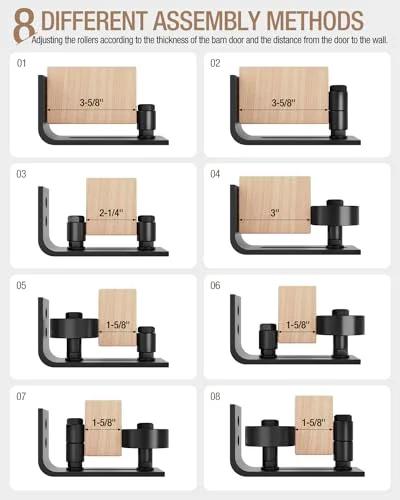 Flush Floor Sliding Barn Door Roller Guide Set with Wall Mounted Hardware showing eight assembly methods