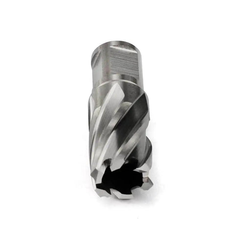 Seven Eighths Inch Annular Cutter For Magnetic Drill Press With One Inch Cutting Depth And Three Quarter Inch Weldon Shank With Two Flats Pilot Pin Dual Alternating Teeth For Fast Hole Cutting, front view