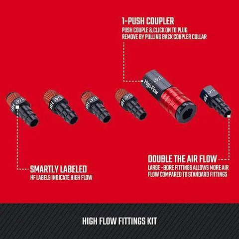 High Flow Aluminum 6 Piece Air Fittings Kit With One Quarter Inch NPT Threads For Air Tools And Compressors Large Bore For Maximum Airflow