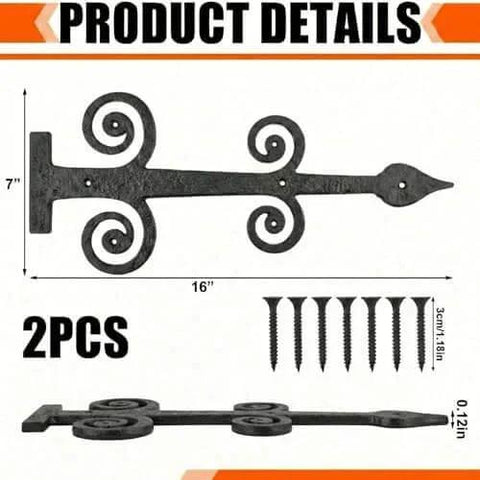 Two Pack 16 Inch Black Wrought Iron Gate Hinges Decorative Hardware Heavy Duty Rust Resistant Dummy Strap with Screws