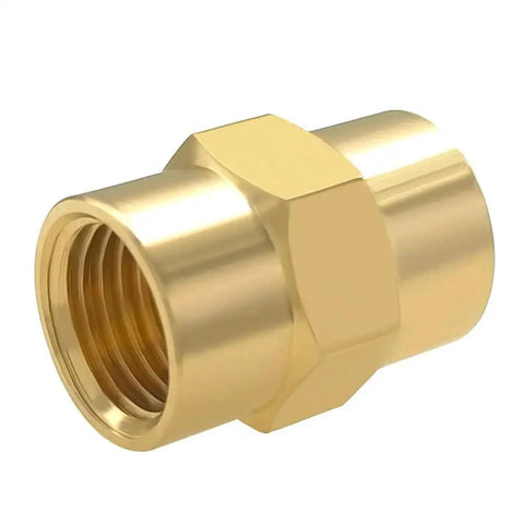 Brass One Eighth Inch NPT Female To Female Hex Coupler Pipe Fittings, showing brass threads, durable corrosion-resistant design