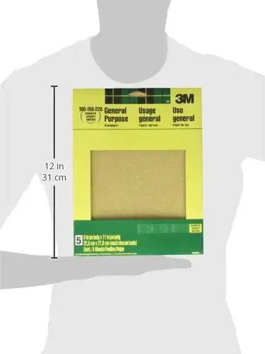 Aluminum Oxide Sandpaper Set 9 By 11 Inch 5 Sheets With Assorted Grit 100 150 220 in packaging with dimensions on display