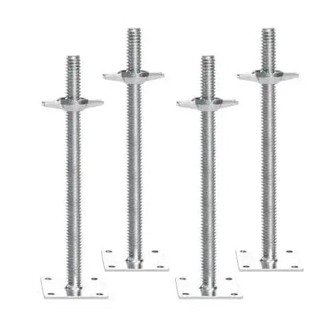Four Pack Beefy Adjustable Leveling Jacks For Baker Style Scaffolding, silver finish solid carbon steel screw jacks, front view.