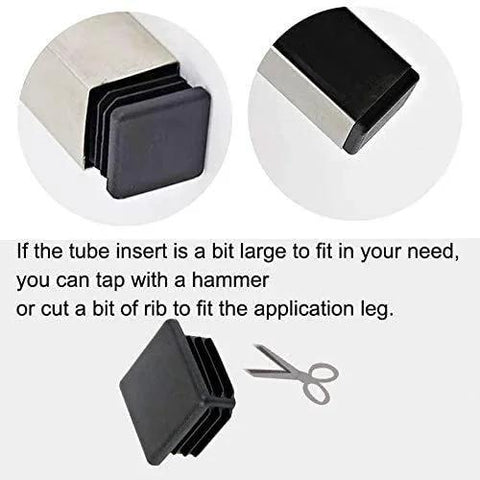 8 Pack 1 1/2 Inch Square Black Plastic End Caps For Square Tubing and Furniture Finishing Plugs with scissors illustration