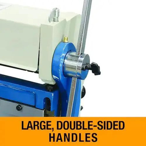 Close-up of large handles on 12 Inch Shear Brake Roll For 20 Gauge Mild Steel With 6 Grooves, Adjustable Top Beam.