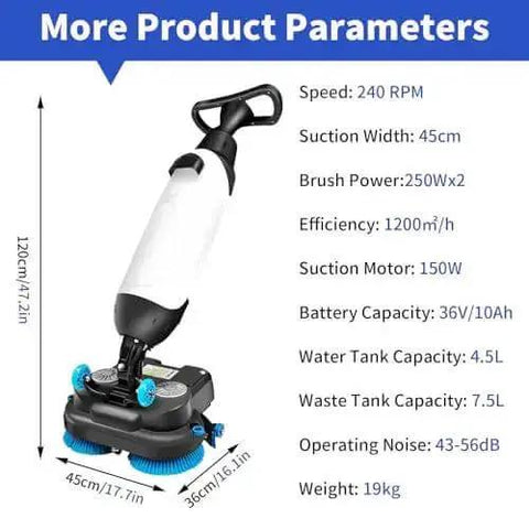 Lightweight 17 Inch Industrial Grade Commercial Floor Polisher With 240 RPM Buffer Dual Brush Heads shown with specifications.