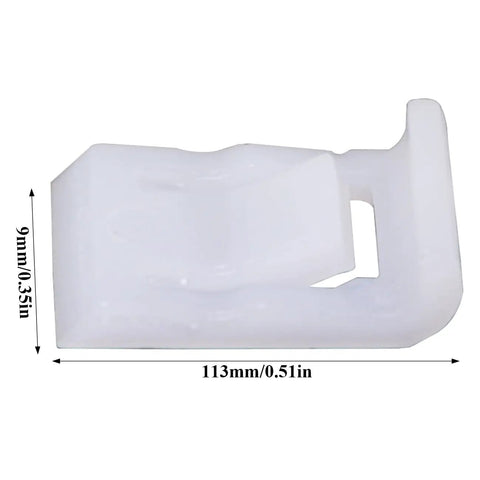 Side view of a durable plastic 90-degree hinge clip with dimensions for concealed cabinet doors, snap-in design, soft close hardware.