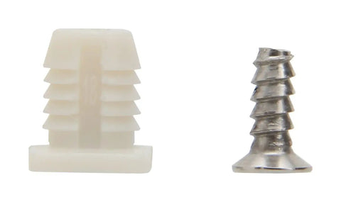 Close-up of 8mm Plastic Hinge Dowel Inserts With Screws For Cabinet Hinges White 50 Pieces Enough For 25 Hinges Hinges Not Included Easy Install Durable Dowels And Screws For Quick Cabinet Upgrades showing one white plastic dowel and one silver metal screw side by side.