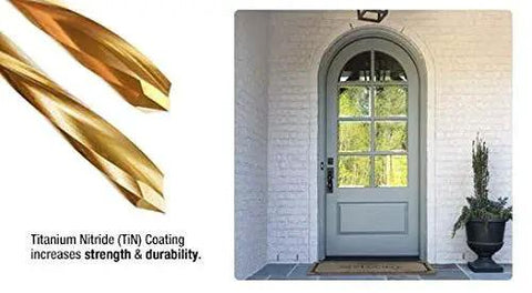 Durable Tin Coated HSS Router Bit For Steel Doors Half Inch Diameter Two And A Half Inch Cutting Depth Half Inch Shank Five And A Half Inch Overall Length TiN Coating For Strength And Edge Protection Amana Tool HSS1702TIN displayed with a steel door.