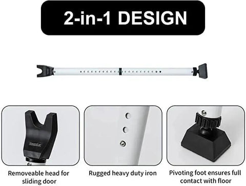 2 In 1 Door Security Bar For Hinged And Sliding Doors Adjustable Heavy Duty Jammer With Interchangeable Heads Locks Against Break Ins For Home Apartment Travel School Or Dorm Extends 28 To 45 Inches White Pack Of 2, side view, showing interchangeable heads and pivoting foot.