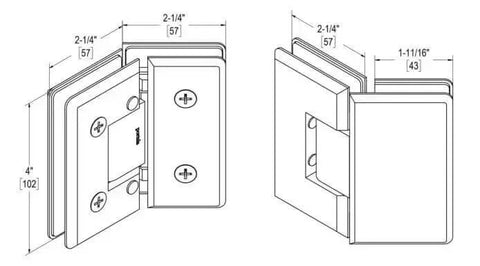 Technical diagram showing dimensions of a Heavy Duty Adjustable 135 Degree Glass To Glass Hinge For Three Eighths Inch Or One Half Inch Doors Up To Thirty Six Inches Wide Self Closing Within Twenty Five Degrees Polished Chrome Finish Built To Last No Fuss Door Hardware.