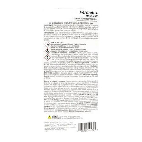 Back view of MotoSeal 1 Ultimate Gasket Maker Grey packaging, showing instructions and warnings for use on engines, 2.7 oz size.