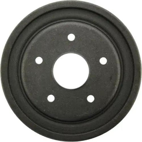 Rear brake drum, black metal with five lug holes and center bore for Ford models.