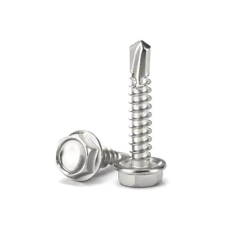Close-up of 410 stainless steel self drilling hex head screws, part of the Self Drilling Hex Head Screws Set In 410 Stainless Steel Self Tapping Metal Screws Kit With 160 Piece Sheet Metal Assortment For 8 10 12 Size Options DIY Ready Rust Resistant And Easy To Use For Quick Projects.