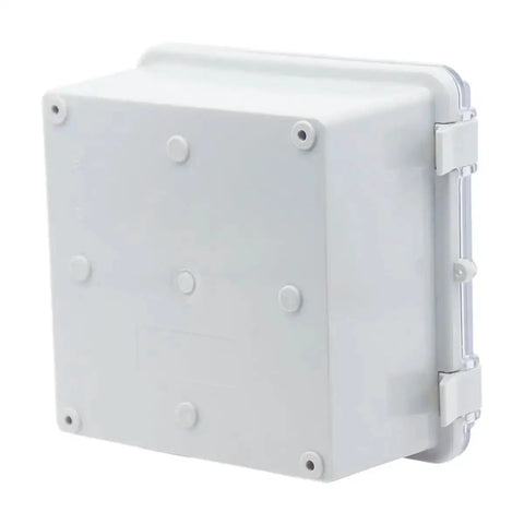Side view of Built Tough IP67 Waterproof ABS junction box with hinged clear cover, mounting plate, and wall bracket, 5.9 x 5.9 x 3.5 inches