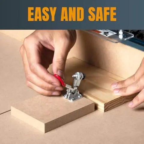 Person using 8 Pack Small Toggle Clamps With 60 Lbs Holding, Quick Release Horizontal Adjustable Clamps For Woodworking Jigs And Fixtures.