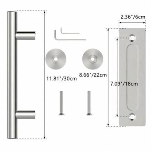 12 Inch Stainless Steel Sliding Barn Door Handle Set With Flush Hardware, Double Sided, showing parts and dimensions.
