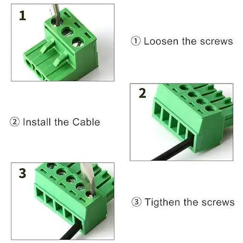 Steps showing installation process of 10 Pack 4 Pin 3.5mm Pitch PCB Screw Terminal Block Connectors Pluggable Quick Connector