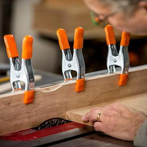 PONY 6-inch heavy-duty spring clamps set, 6-pack, nickel-plated steel with orange rubber handles.