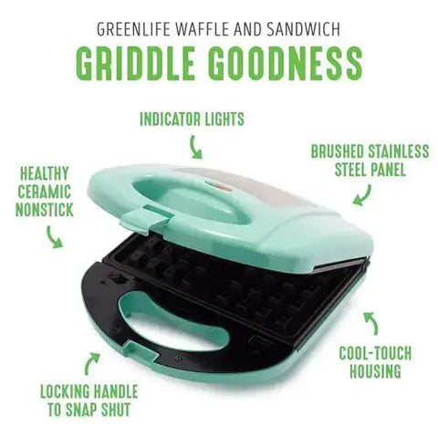 Turquoise Electric Waffle Maker And Panini Press with Ceramic Nonstick Plates, LED Indicator Light, PFAS Free, open view.