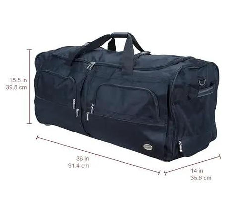 Soft Sided Rolling Duffel Bag 36 Inch Black With Heavy Duty Polyester Construction showing size dimensions