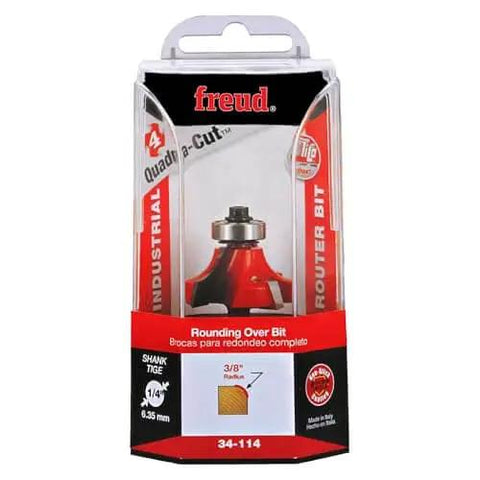 Freud Quadra Cut Radius Rounding Over Bit With Perma Shield Coating, four cutters, in packaging, front view.