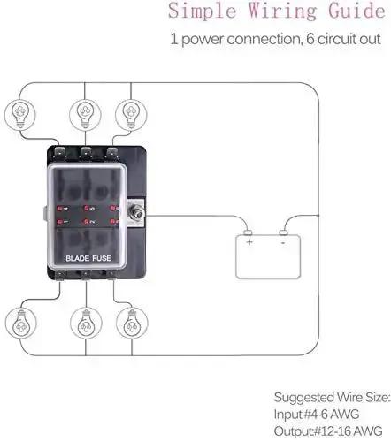 Diagram of 6 Way DC 12 To 32V Blade Fuse Box Holder With LED Warning Light And Protective Cover For Automotive Car Boat Marine Trike Plus Detailed Instruction Manual
