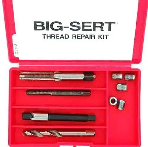 M6 X 1.00 Oversize Thread Repair Kit For Auto Repairs in red case with heavy wall bushings, drill, tap, driver, and steel inserts.