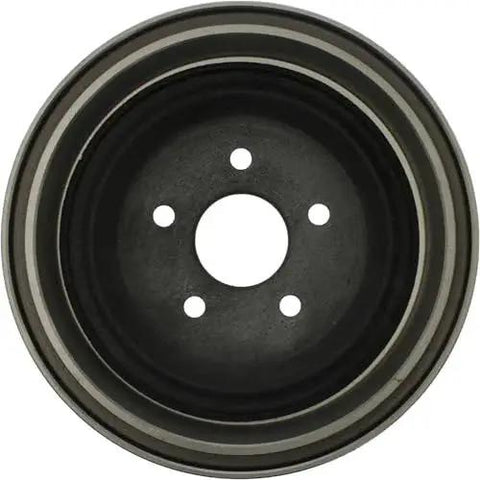 Front view of a black metal rear brake drum with five lug holes and central hub bore
