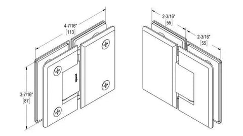 Technical drawing of a 180 Degree Glass To Glass Shower Hinge Standard Duty Matte Black Finish for glass doors, with dimensions labeled.
