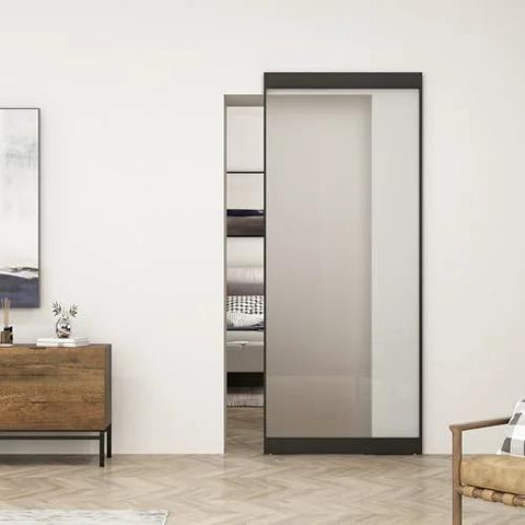 40 In X 84 In Full Lite Frosted Glass Black Steel Frame Interior Sliding Barn Door With Hidden Track System And Hardware Kit, Soft Close