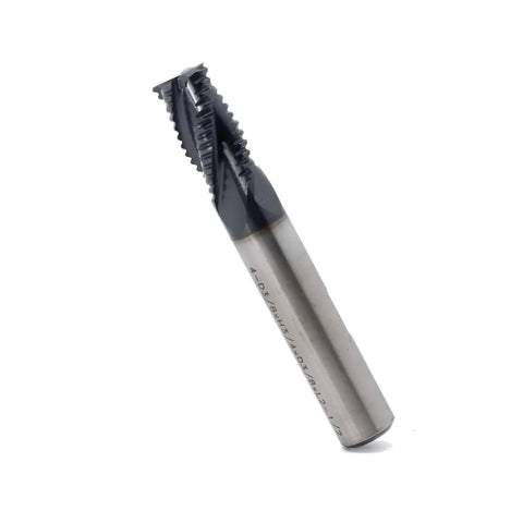 Roughing End Mill HSS Square Nose Four Flute Fine Tooth Bit Three Eighths Inch Shank Diameter Three Quarters Inch Flute Length Two and a Half Inch Overall Length Titanium Coated For Milling Metal Steels JESTUOUS, visible standing upright.
