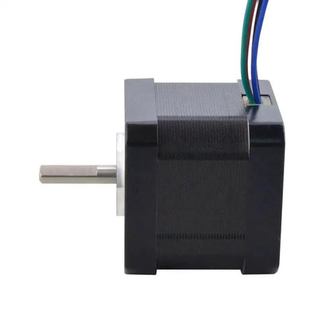 Side view of the Ultra Precise 0.9 Degree Nema 17 Bipolar Stepper Motor for DIY Projects, 42x42x39mm, showing four wires and shaft.