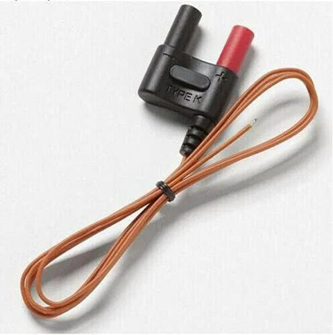 Type K thermocouple bead probe with clamp, brown lead and red tip, for Fluke multimeters.