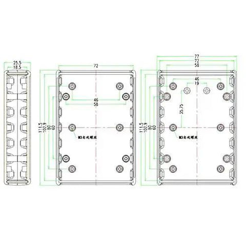 Technical drawing of Desktop Instrument Box Enclosure Made From Tough ABS Plastic For DIY Electronics Control Panels DIY Friendly Junction Box 77 X 111.5 X 25.5 mm.