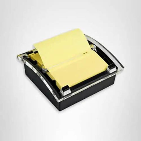 Pop-up sticky note dispenser with one 50-sheet canary yellow 3 in x 3 in pad, black base and clear lid desktop holder