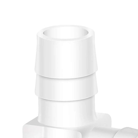 White plastic 3/8-inch hose barb 90-degree elbow fitting (L-shaped)