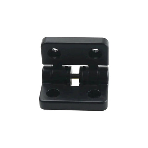 Front view of black resin positioning torque 90° hinge, single unit