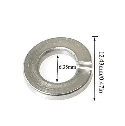 Split lock washer, 1/4 inch, 304 stainless steel, silver, inner diameter 6.35mm, outer diameter 12.43mm.