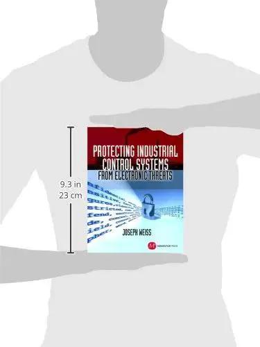 Book: Protecting Industrial Control Systems from Electronic Threats; red-blue cover, Amazon brand, held by a person.
