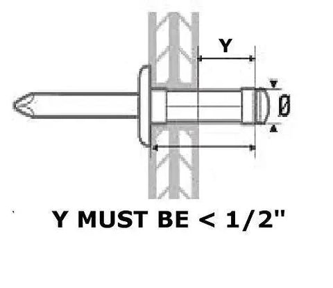 Technical diagram showing dimensions for rivet usage in XL Blind Rivet Adapter Kit For Drills Converts Any Drill Into A Power Pop Riveter.