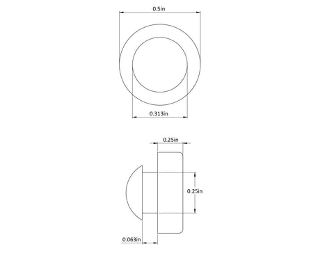 Diagram of Push-In Rubber Bumper With Tight-Grip Stem Fits A One Quarter Inch Hole Bumper Diameter One Half Inch Height One Quarter Inch For Use In A One Sixteenth Inch Panel Thickness