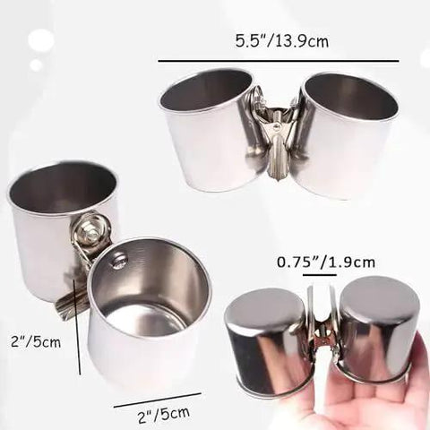 All In One Bird Feeder Cups With Clamp Mount on Standing Perch, two stainless steel food and water cups, rust resistant, easy to clean