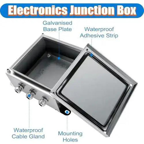 Weatherproof 304 Stainless Steel Junction Box Wall Mounted Outdoor Enclosure with 3 cable glands open to show interior details
