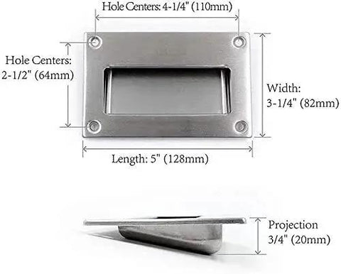 Dimensions of Concealed Recessed Flush Pull Handle 2-Pack Stainless Steel Hidden Flat Sliding Door Pulls, 5x3.25in, side view included.