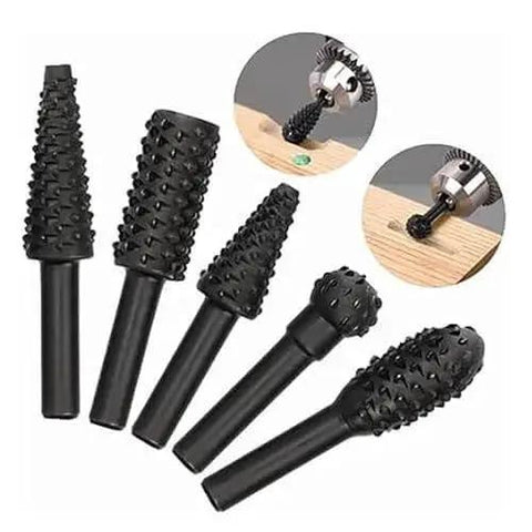 Five Piece Rotary Burr Set For Carving And Grinding With Five Shaped Bits For Wood Metal And Plastic Detailing Perfect For DIY Projects And Crafts In A Durable Black Finish And Built To Handle Heavy Duty Material Removal Like A Boss, shown with close-up of bits in use.