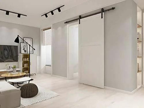 Amazon Basics Sliding Barn Door Hardware Kit 6.6 Foot J Shape Matte Black Carbon Steel 200 Lb Capacity Installed in Room