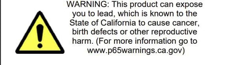 Lead exposure warning label with yellow caution triangle icon and California cancer risk text.
