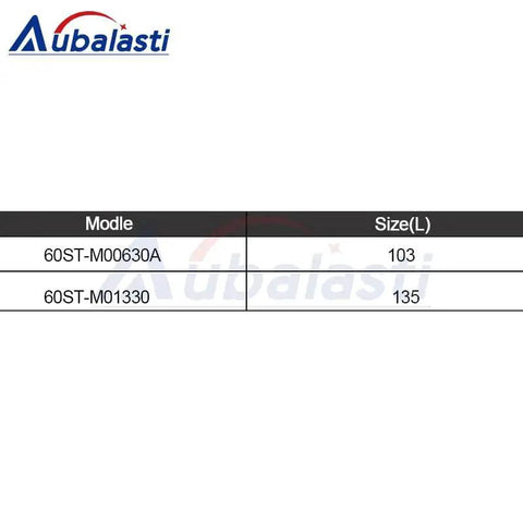 Aubalasti logo with table listing servo motor kit models: 60ST-M00630A (size 103) and 60ST-M01330 (size 135)