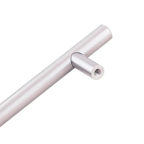 Euro Bar Cabinet Handle Satin Nickel Finish Five And Three Eighths Inch Long With Three Inch Center To Center Holes close-up
